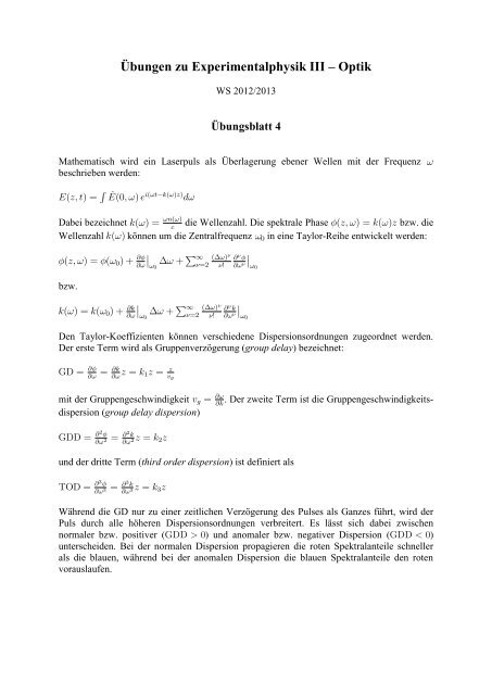 Übungen zu Experimentalphysik III – Optik