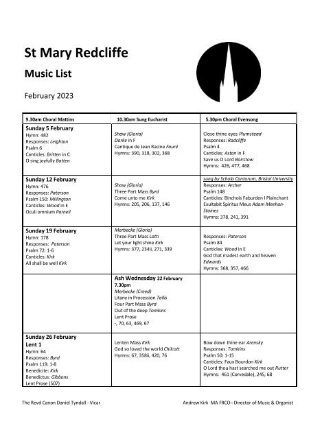 St Mary Redcliffe Church Music List February 2023