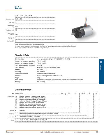 UAL 1/5; UAL 2/6 Standard Data Order Reference - Johnson Electric