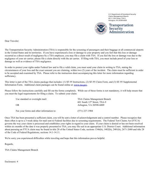 SF-95 Tort Claim Package - Transportation Security Administration