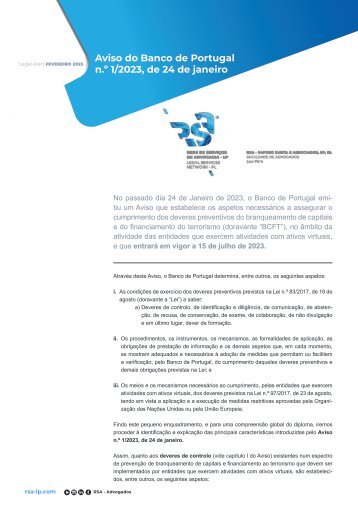 Legal Alert - Aviso do Banco de Portugal n.º 1/2023, de 24 de janeiro