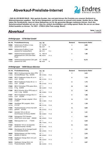 Abverkauf-Preisliste-Internet - Endres GmbH & Co KG