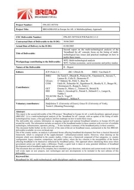 Project Number: FP6-IST-507554 Project Title: BROADBAND in ...