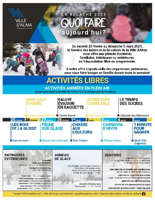 QUOI FAIRE à Alma pour la relâche scolaire 2023 