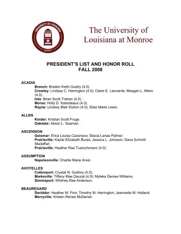 president's list and honor roll fall 2008 - University of Louisiana at ...