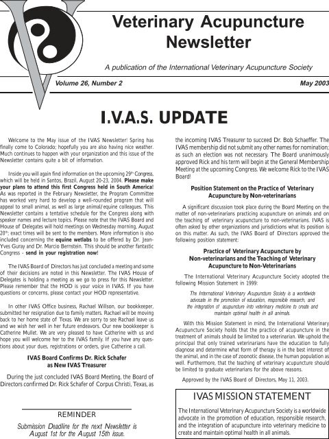 I.V.A.S. UPDATE Veterinary Acupuncture Newsletter - International ...
