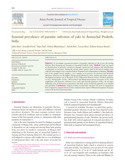 Seasonal prevalence of parasitic infection of yaks in Arunachal ...