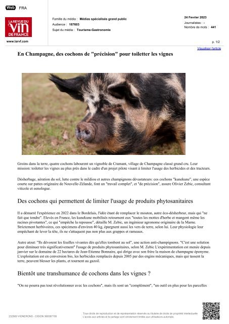 Panorama de presse Spécial En champagne des petits cochons de précision pour toiletter les vignes  le 27 02 23