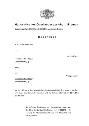 Beschluss - Hanseatisches Oberlandesgericht Bremen