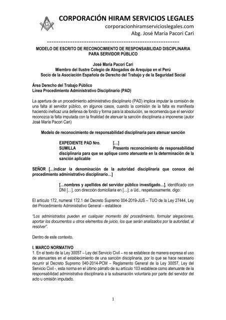 MODELO DE ESCRITO DE RECONOCIMIENTO DE RESPONSABILIDAD DISCIPLINARIA - AUTOR JOSÉ MARÍA PACORI CARI