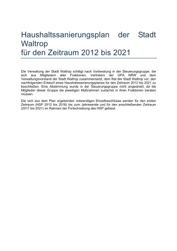 Haushaltssanierungsplan der Stadt Waltrop für den Zeitraum 2012 ...