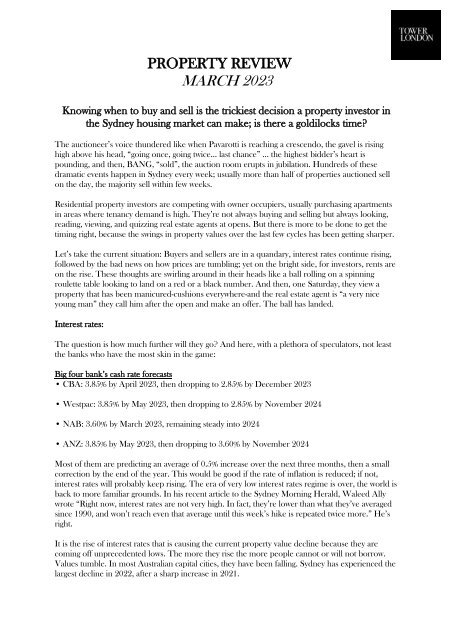 March 2023 Quarterly Article - 'Knowing when to buy and sell is the trickiest decision a property investor in the Sydney housing market can make; is there a goldilocks time?'