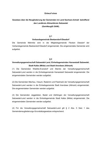 Entwurf eines Gesetzes über die Neugliederung ... - Sachsen-Anhalt