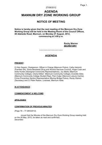 MANNUM DRY ZONE WORKING GROUP AGENDA 26/10/04