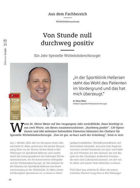 Spezialklinik für Orthopädie, Sportmedizin und Unfallchirurgie – Klinikmagazin Hellersen Insight 01/2021