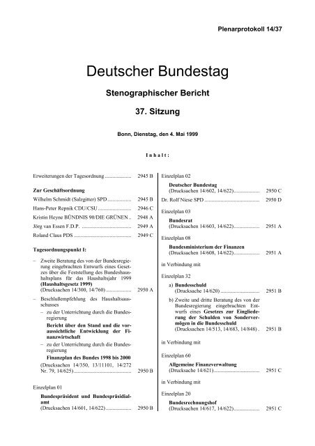 Stenographischer Bericht 37 Sitzung Deutscher Bundestag