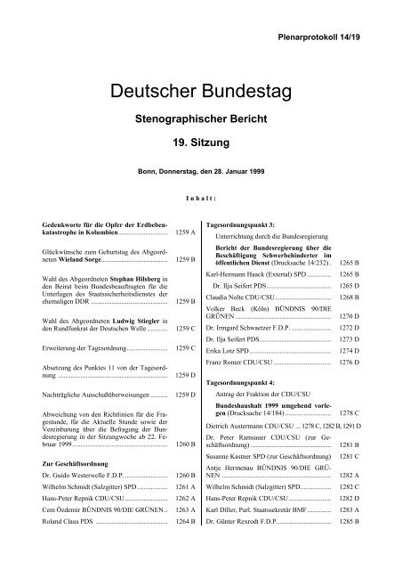Stenographischer Bericht 19. Sitzung - Deutscher Bundestag