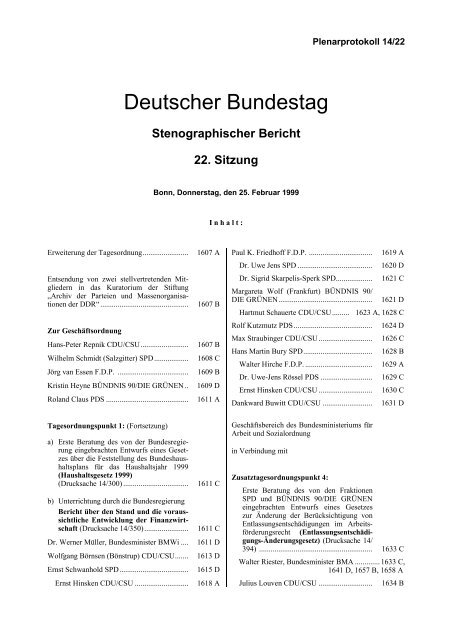 Stenographischer Bericht 22. Sitzung - Deutscher Bundestag