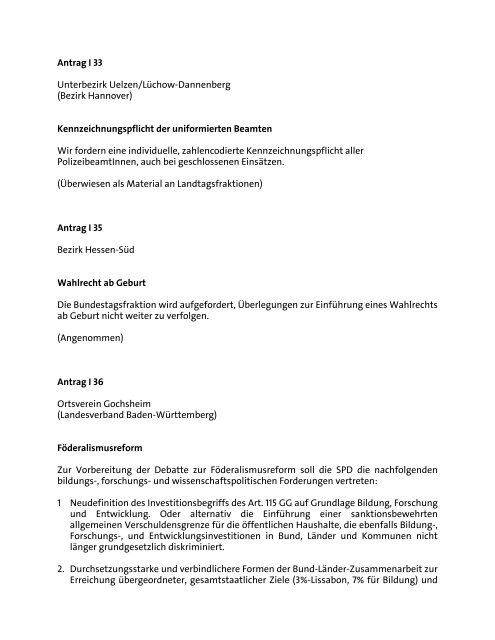 Parteitag der SPD in Hamburg . bis . Oktober  Beschlüsse