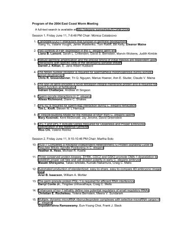 Program of the 2004 East Coast Worm Meeting - Caenorhabditis ...