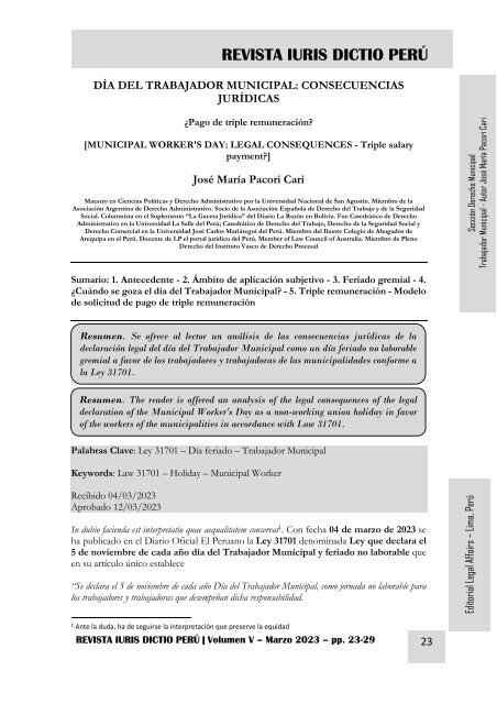 DÍA DEL TRABAJADOR MUNICIPAL CONSECUENCIAS JURÍDICAS - AUTOR JOSÉ MARÍA PACORI CARI
