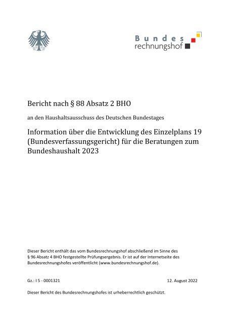 Information über die Entwicklung des Einzelplans 19 für die Beratungen zum Bundeshaushalt 2023
