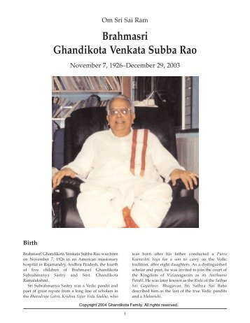 biography of Brahma Sri Ghandikota Subba Rao - Sai Darshan