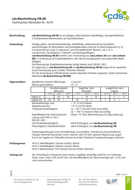 cds-Beschichtung HB-AS Technisches Merkblatt ... - cds POLYMERE