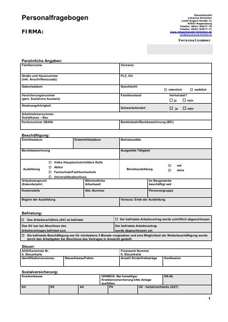 Personalfragebogen - Steuerkanzlei Hirtreiter-Regner