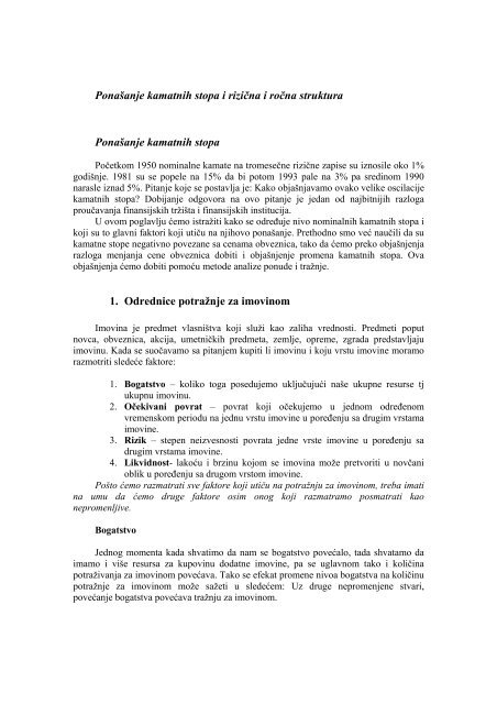 Ponašanje kamatnih stopa i rizična i ročna struktura Ponašanje ...