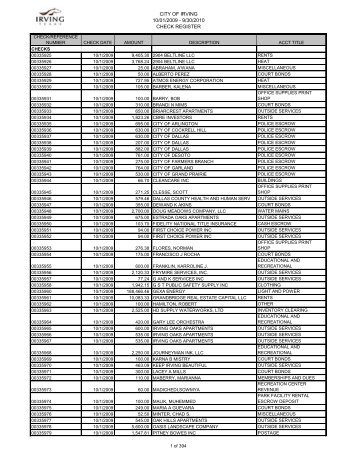 CITY OF IRVING 10/01/2009 - 9/30/2010 CHECK REGISTER