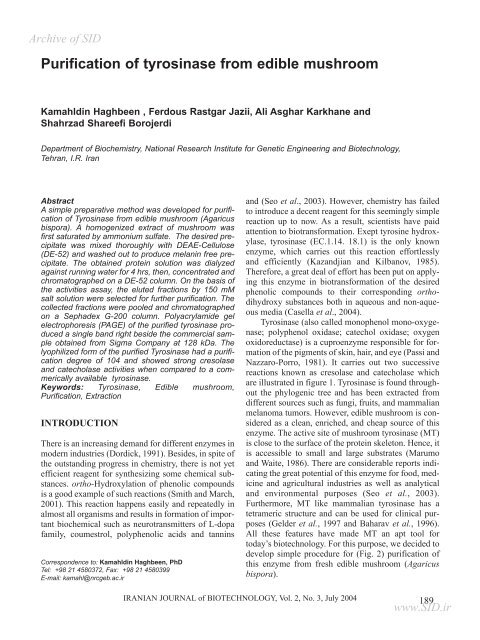 Purification of tyrosinase from edible mushroom