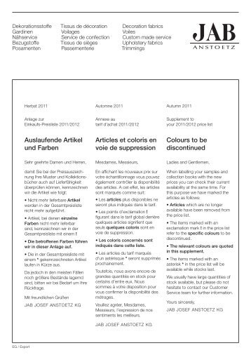 Colours to be discontinued Articles et coloris en voie ... - JAB Anstoetz