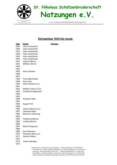 Koenigsliste 1835 bis heute - Schützenbruderschaft Natzungen