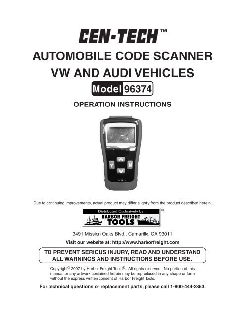 Automobile code scAnner VW And Audi Vehicles - Harbor Freight ...