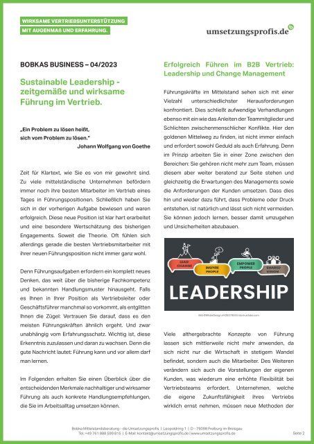 Sustainable Leadership - zeitgemäße und wirksame Führung im Vertrieb.
