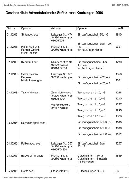 Gewinnerliste Adventskalender Stiftskirche Kaufungen 2006