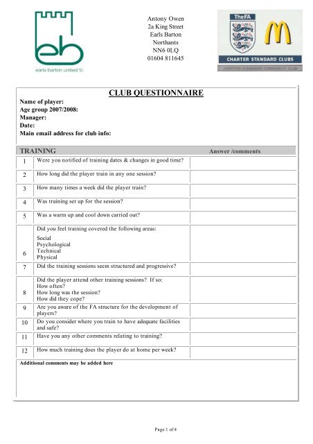 Club Questionnaire Earls Barton United