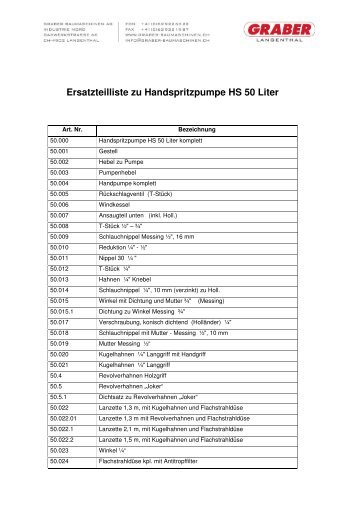 Ersatzteilliste zu Handspritzpumpe HS 50 Liter - Graber ...