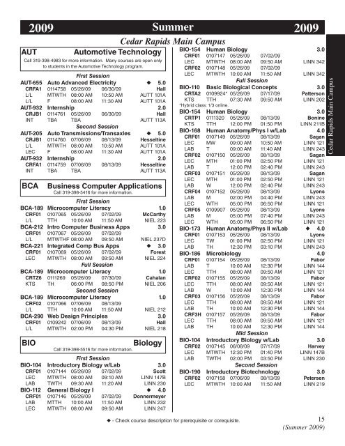 Summer 2009 Credit Class Schedule - Kirkwood Community College