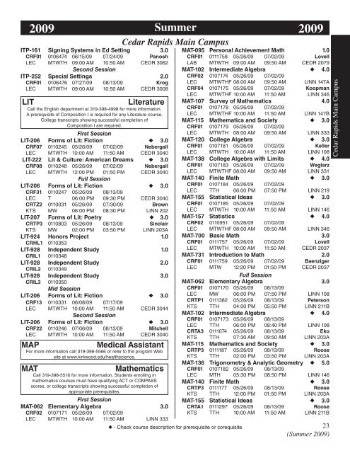 Summer 2009 Credit Class Schedule - Kirkwood Community College