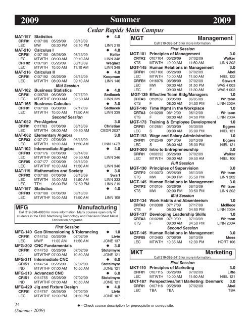 Summer 2009 Credit Class Schedule - Kirkwood Community College