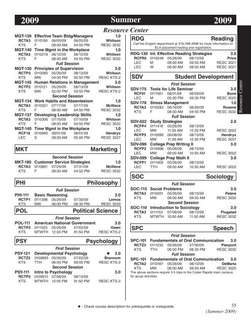 Summer 2009 Credit Class Schedule - Kirkwood Community College