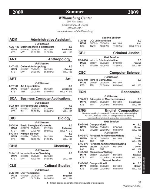 Summer 2009 Credit Class Schedule - Kirkwood Community College