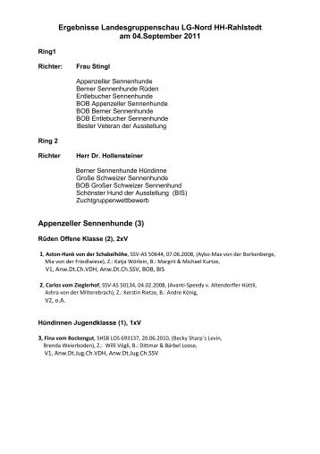 Ergebnisse Landesgruppenschau LG-Nord HH-Rahlstedt am 04 - SSV