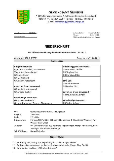 NIEDERSCHRIFT - Gemeinde Grinzens