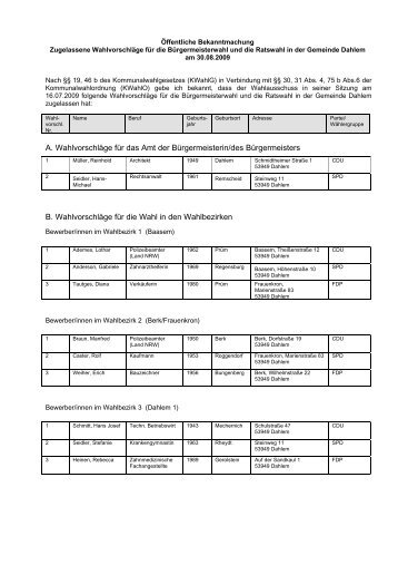 A. Wahlvorschläge für das Amt der Bürgermeisterin/des ... - Dahlem