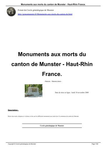 Monuments aux morts du canton de Munster - Haut-Rhin France.