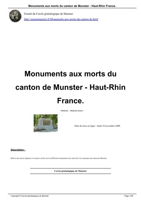 Monuments aux morts du canton de Munster - Haut-Rhin France.