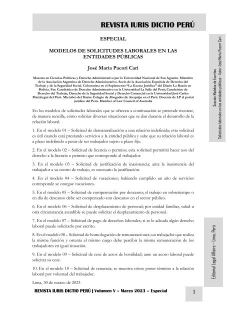 MODELOS DE SOLICITUDES LABORALES  LAS ENTIDADES ESTATALES - AUTOR JOSÉ MARÍA PACORI CARI - LP